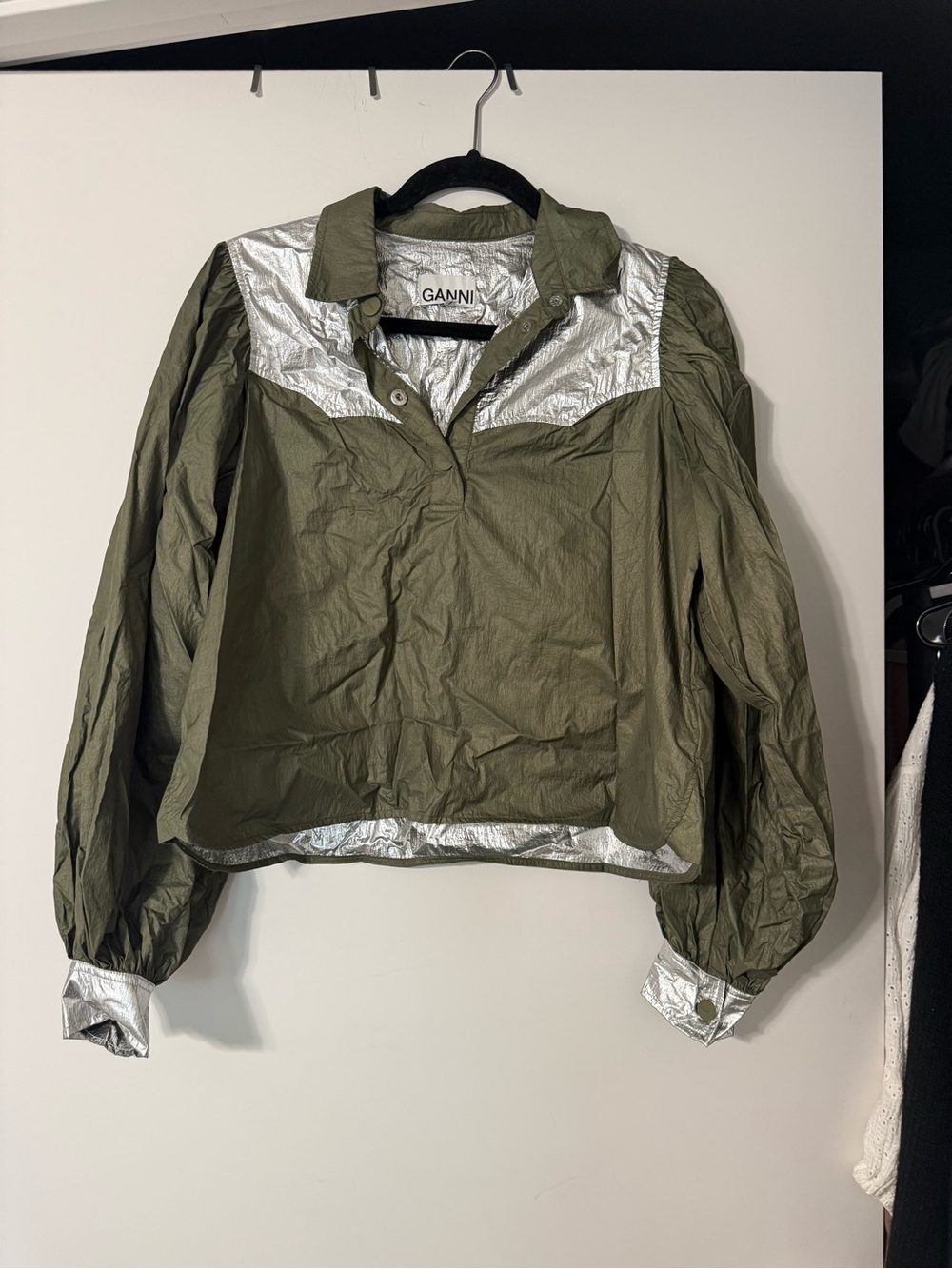 GANNI Colorblock Pattern Long Sleeve Western Metallic Shirt